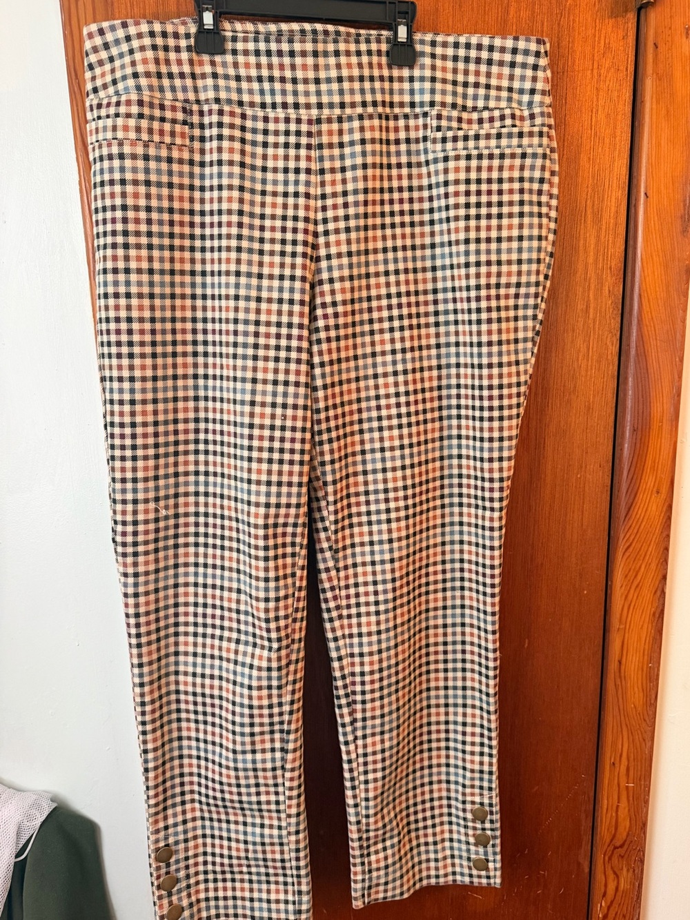 Checked Cotton Blend Women’s Pants - Tan, Navy & Cream
